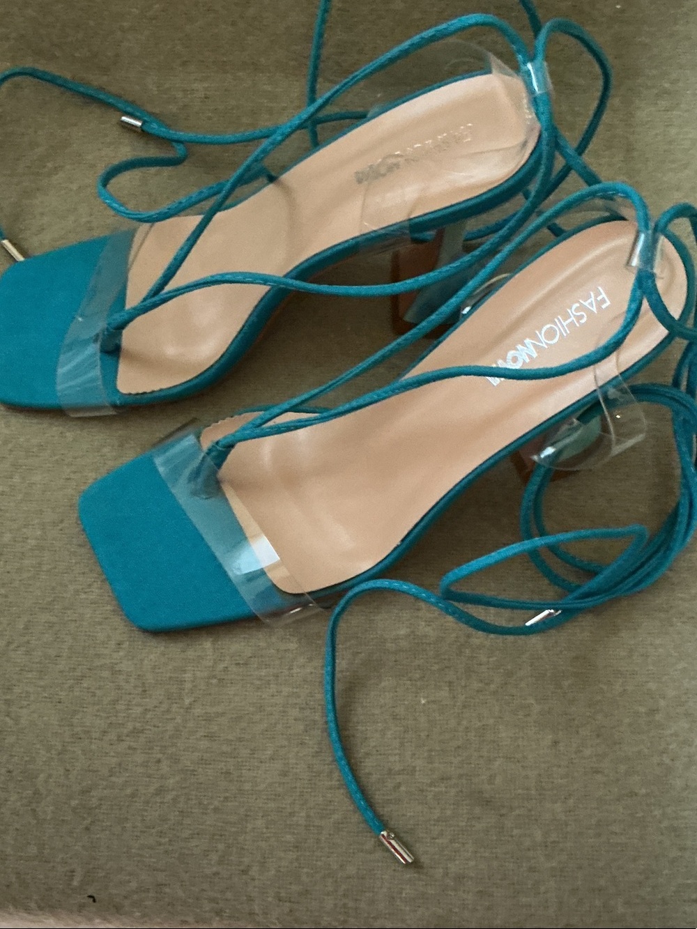 Fashion Nova Teal Lace-Up Square Toe Heels with Clear Strap